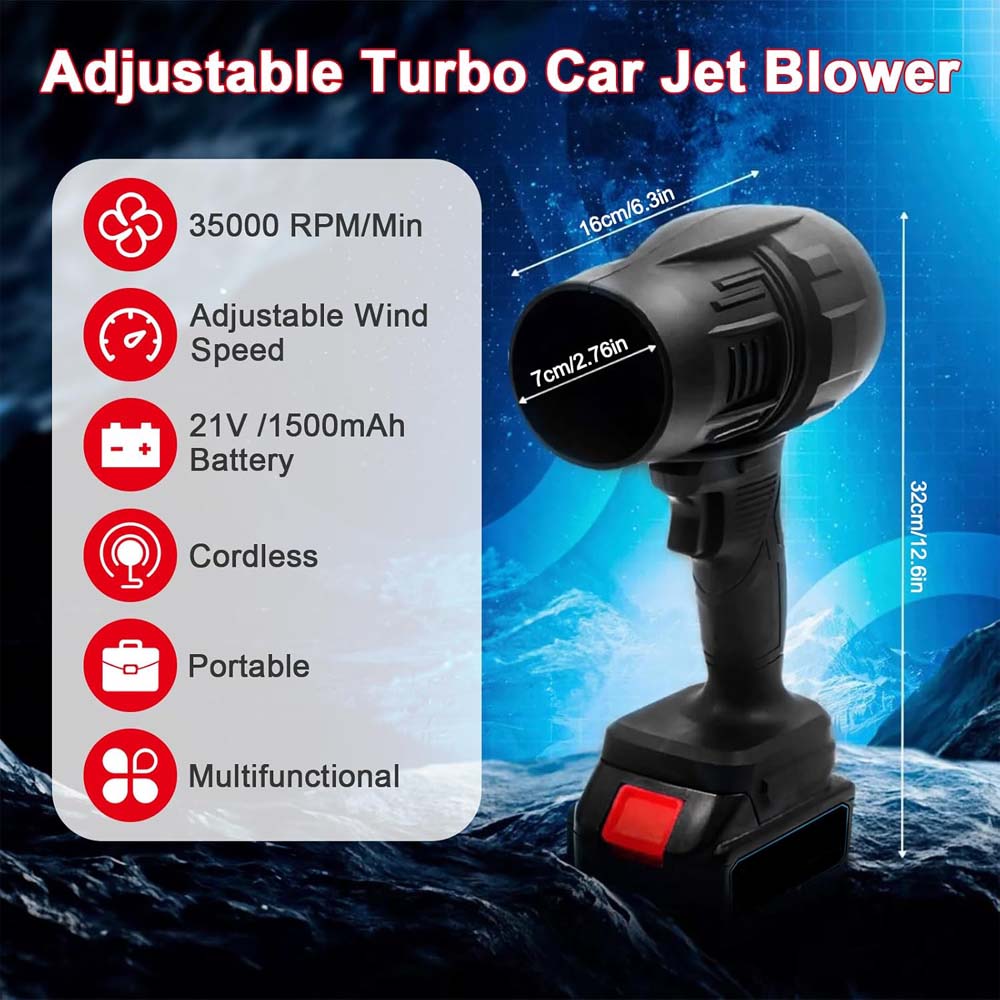 Rechargeable Handheld Blower Dryer - 1 Battery, Turbo Jet Air Duster for Home, Car, Leaves & Snow Cleaning