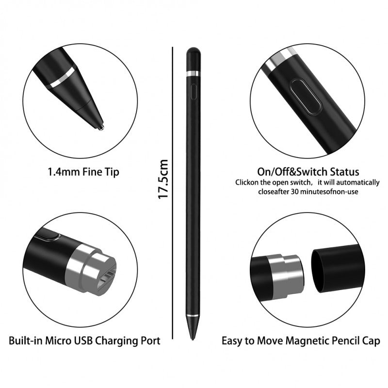 Digital Active Stylus Pen – Precision Drawing & Writing Pen with Palm Rejection | Compatible with iPad, iPhone & Android Tablets, Rechargeable Fine-Tip Pen (Black)