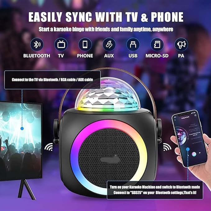Karaoke Machine – Bluetooth Speaker, UHF Wireless Mics & Disco Ball Lights for Ultimate Party Fun