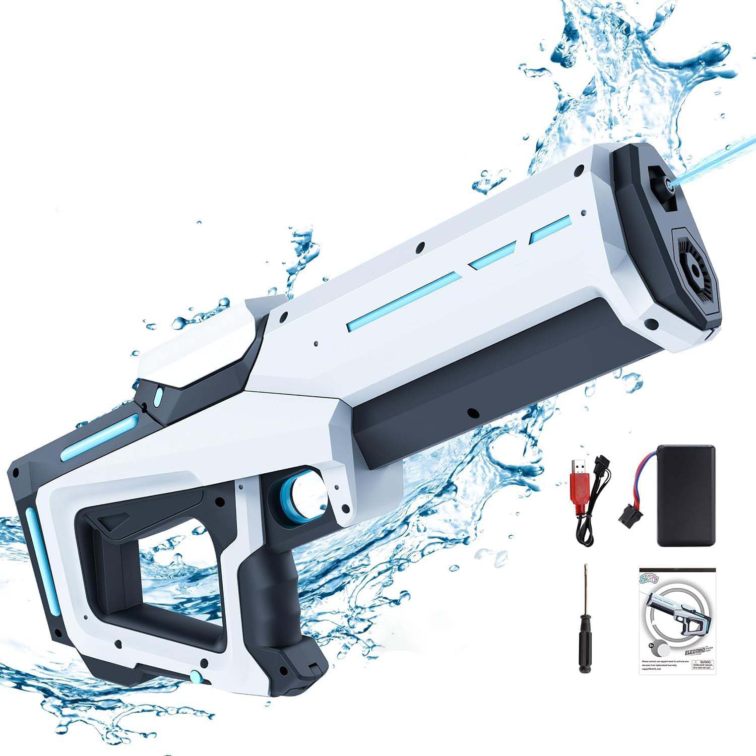 Electric Water Gun with Automatic Suction. 25-32ft range waterproof toy for adults & kids. Summer pool beach party fun.