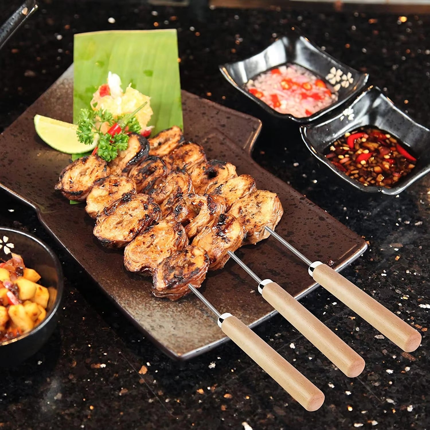 6 Pcs Kebab Skewers | Stainless Steel BBQ Skewers with Wooden Handle | Reusable Kabab Sticks