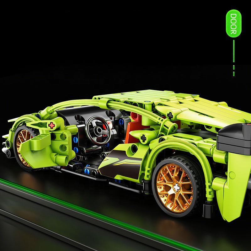 Come Alive Tech Sport Racing Car Building Set. 439-piece green DIY bricks with pull-back function for kids. STEM construction toy.
