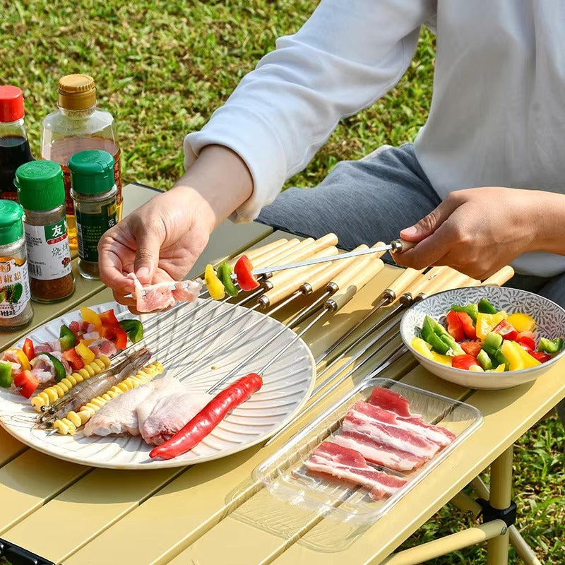 6 Pcs Kebab Skewers | Stainless Steel BBQ Skewers with Wooden Handle | Reusable Kabab Sticks