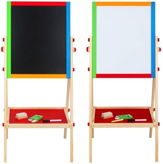 Kids Writing Board | Double-Sided Wooden Easel with Whiteboard & Chalkboard | Adjustable Learning Stand
