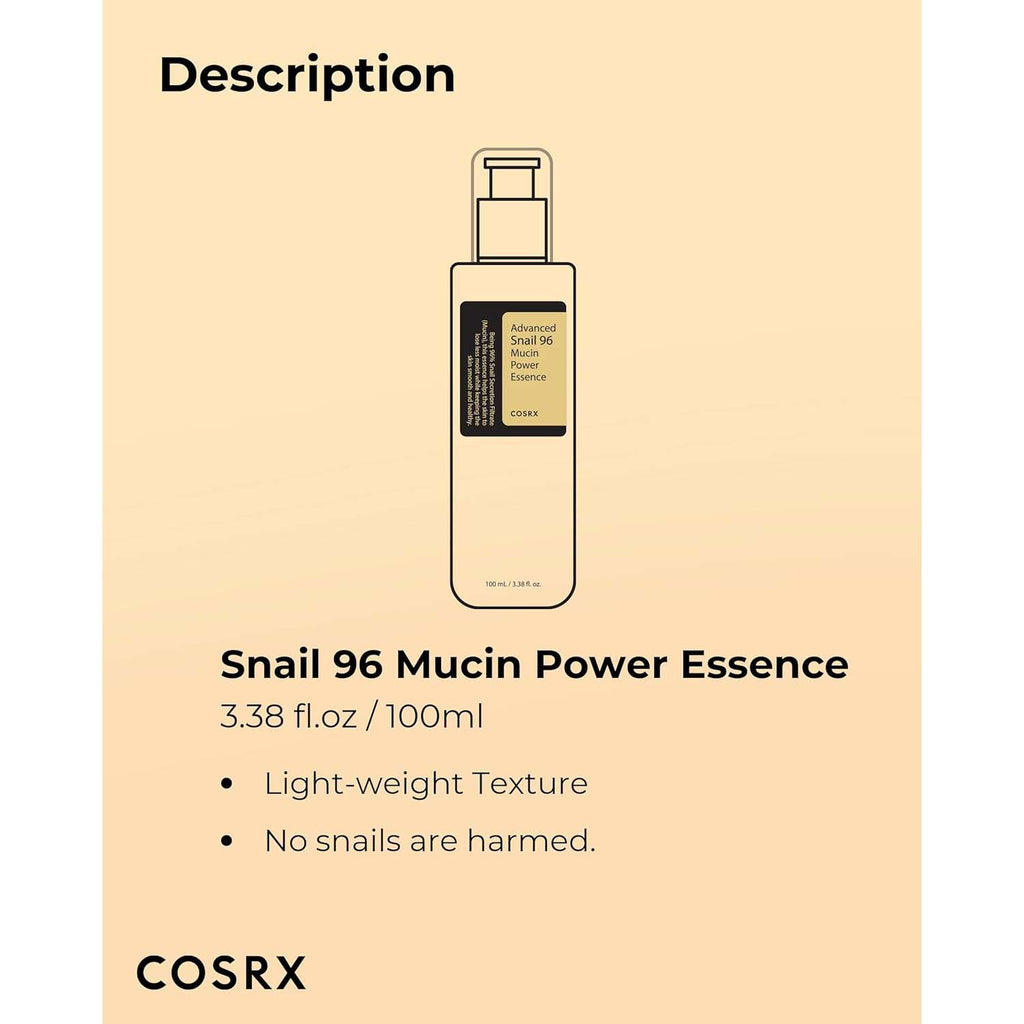 COSRX Advanced Snail 96 Mucin Power Essence. Hydrating & repairing snail secretion filtrate for plump, glowing skin. 100ml.