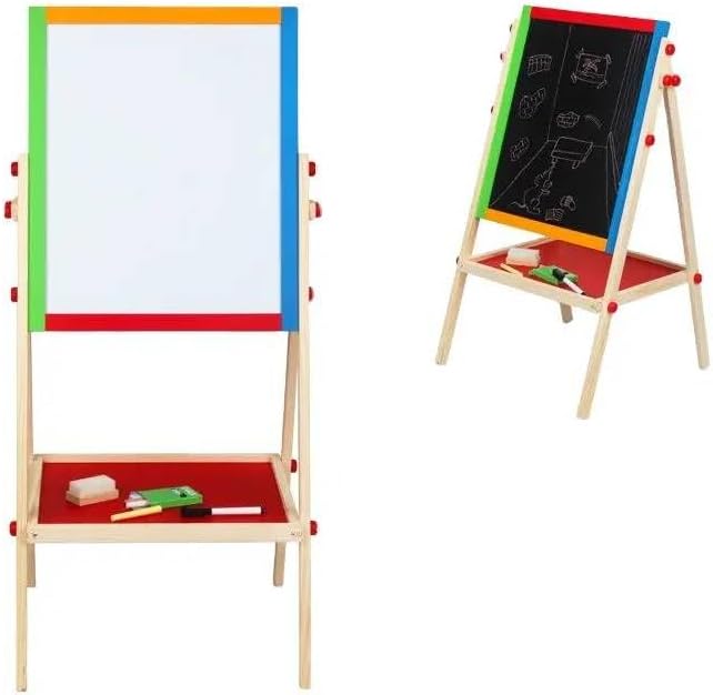 Kids Writing Board – Double-Sided Wooden Easel with Whiteboard, Chalkboard & Adjustable Height for Learning and Play