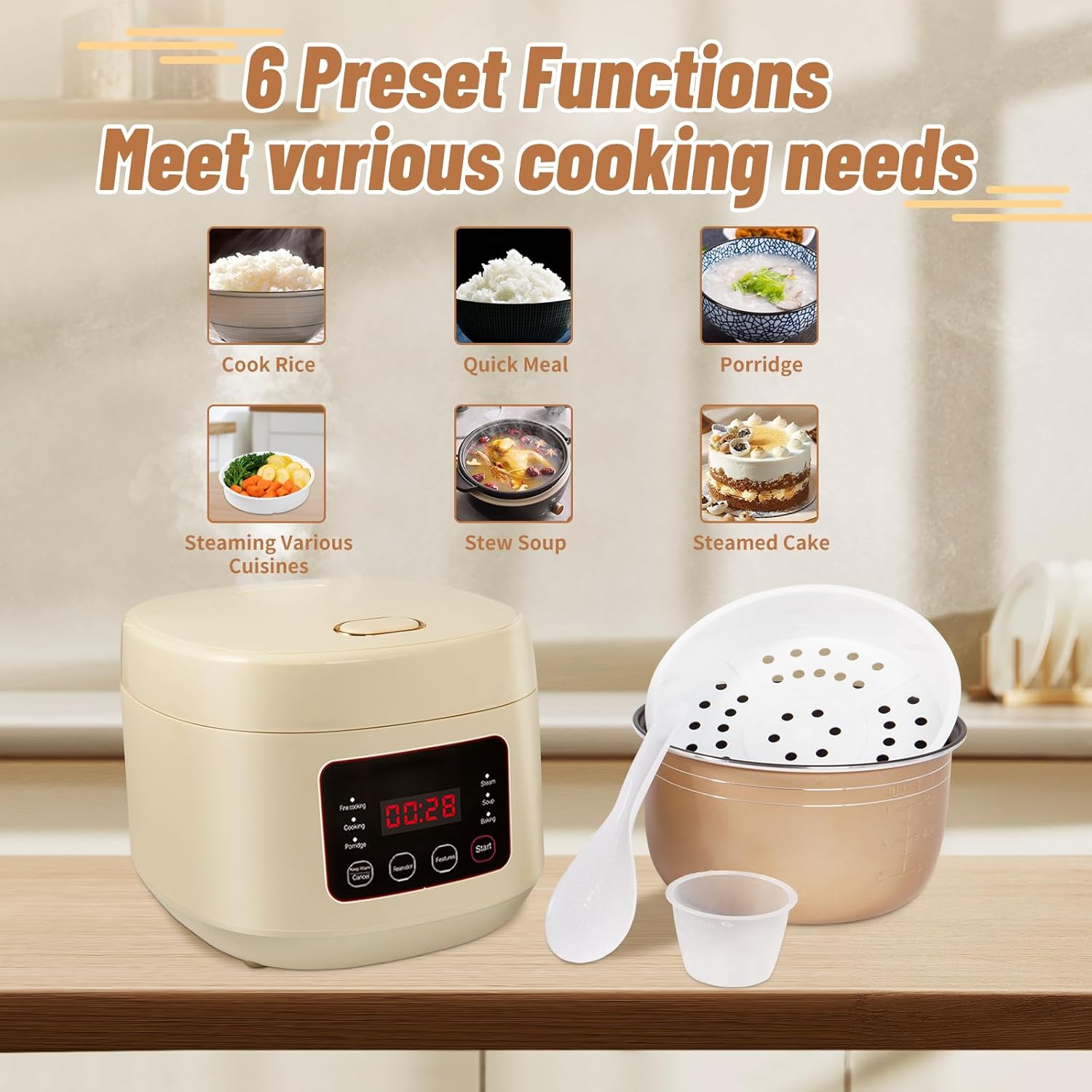 3L Smart Rice Cooker with Steamer – Multi-Functional Cooker for 3-5 People, 24H Delay Start, Includes Measuring Cup, Spoon & Steaming Tray