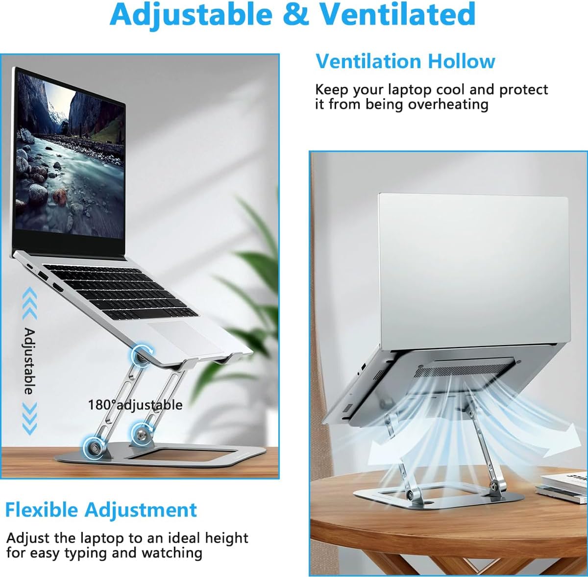 Adjustable Aluminum Laptop Stand – Ergonomic Foldable Riser with Ventilation, Portable Notebook Holder, Silver Finish, Ideal for Desk Setup and Comfortable Computing