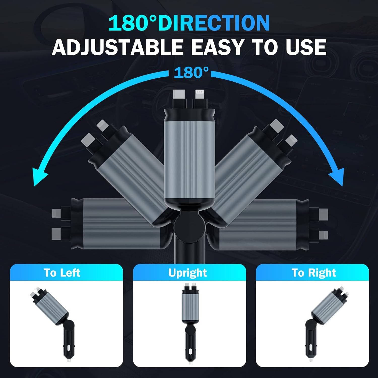 Fast 60W Car Charger with Starlight Roof, 4-in-1 Retractable USB-C Adapter, Dual USB Ports, Compatible with iPhone, Android, Tablets & More
