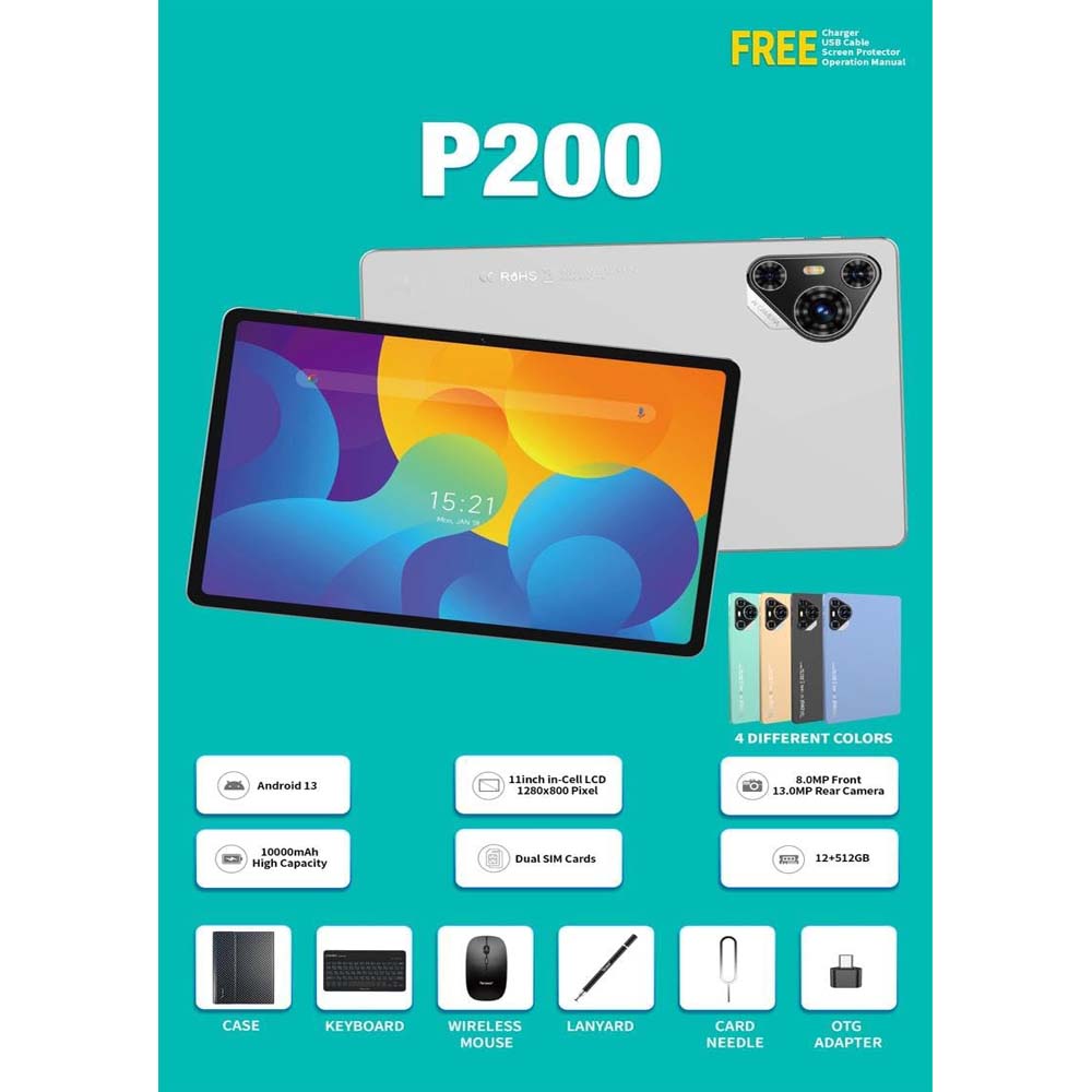 P200 11" Android 13 Tablet with 5G WiFi, Dual SIM, 8GB RAM, 512GB Storage, Keyboard, Mouse, 8000mAh Battery – Multi Colour