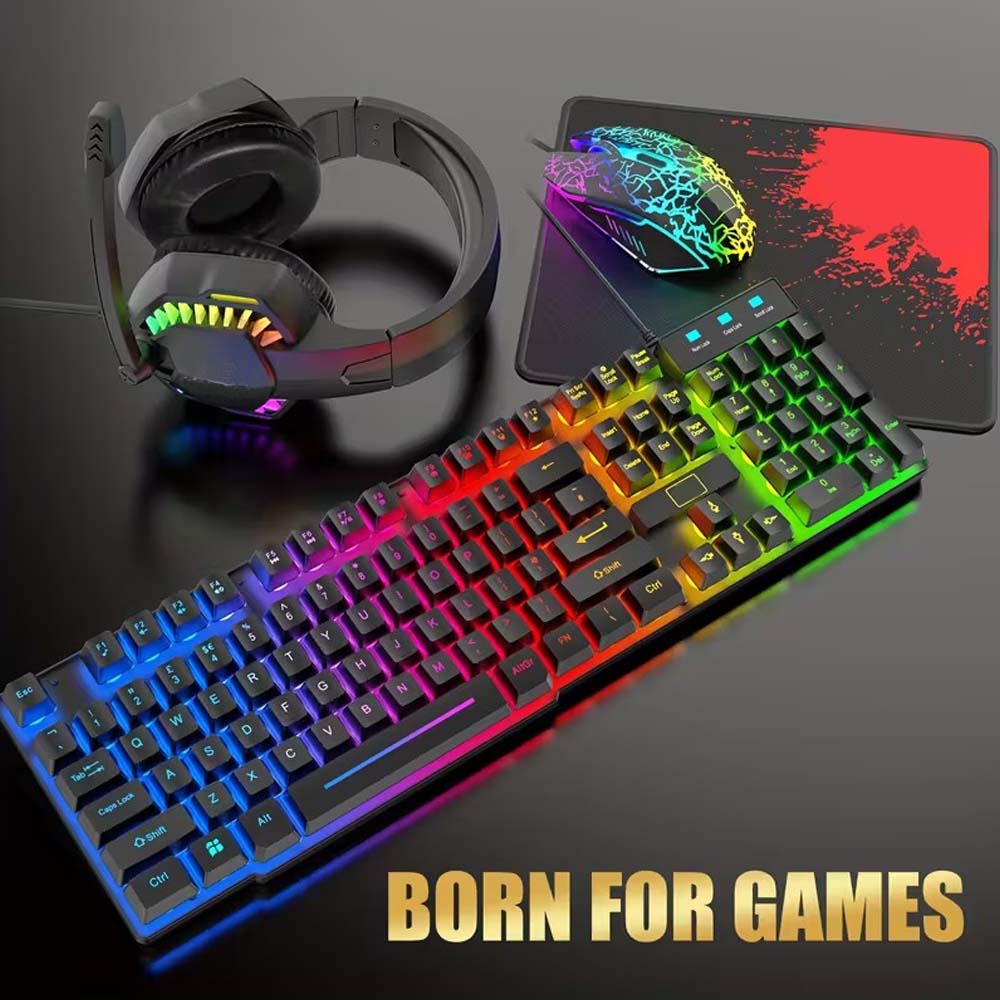 4-in-1 Gaming Combo Set: Wired Keyboard, Mouse, Headset & Mouse Pad | Rainbow LED Backlit Gaming Accessories for PC, PS4, Xbox & Complete Gamer Setup
