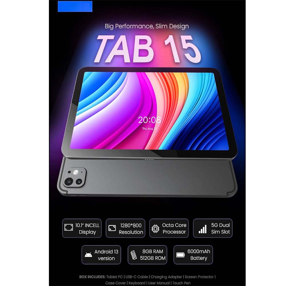 OTEETO 15/10" 5G Android 12 Tablet – Octa Core, 8GB RAM, 512GB Storage, Dual SIM, Keyboard Cover, Powerful Performance, Versatile Multimedia Device