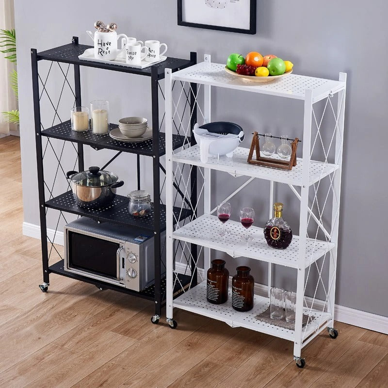 4-Layer White Folding Kitchen Storage Rack – No-Installation, Thickened & Mobile for Easy Organization