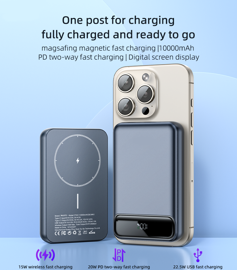 P50 20000mAh Power Bank – 15W Wireless Charger with PD Two-Way Fast Charging and Digital Display