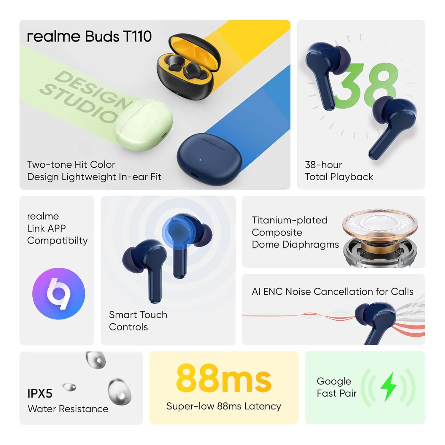 T100 Buds True Wireless Earbuds - 10mm Bass Boost, 38H Playback, AI ENC, 88ms Low Latency, IPX5 Water Resistant - Premium Sound Quality (Multi)
