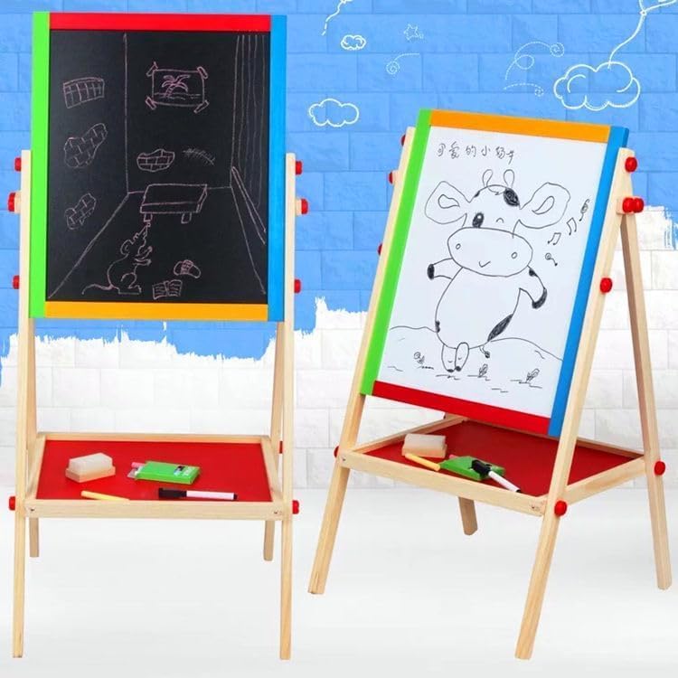 Kids Writing Board – Double-Sided Wooden Easel with Whiteboard, Chalkboard & Adjustable Height for Learning and Play