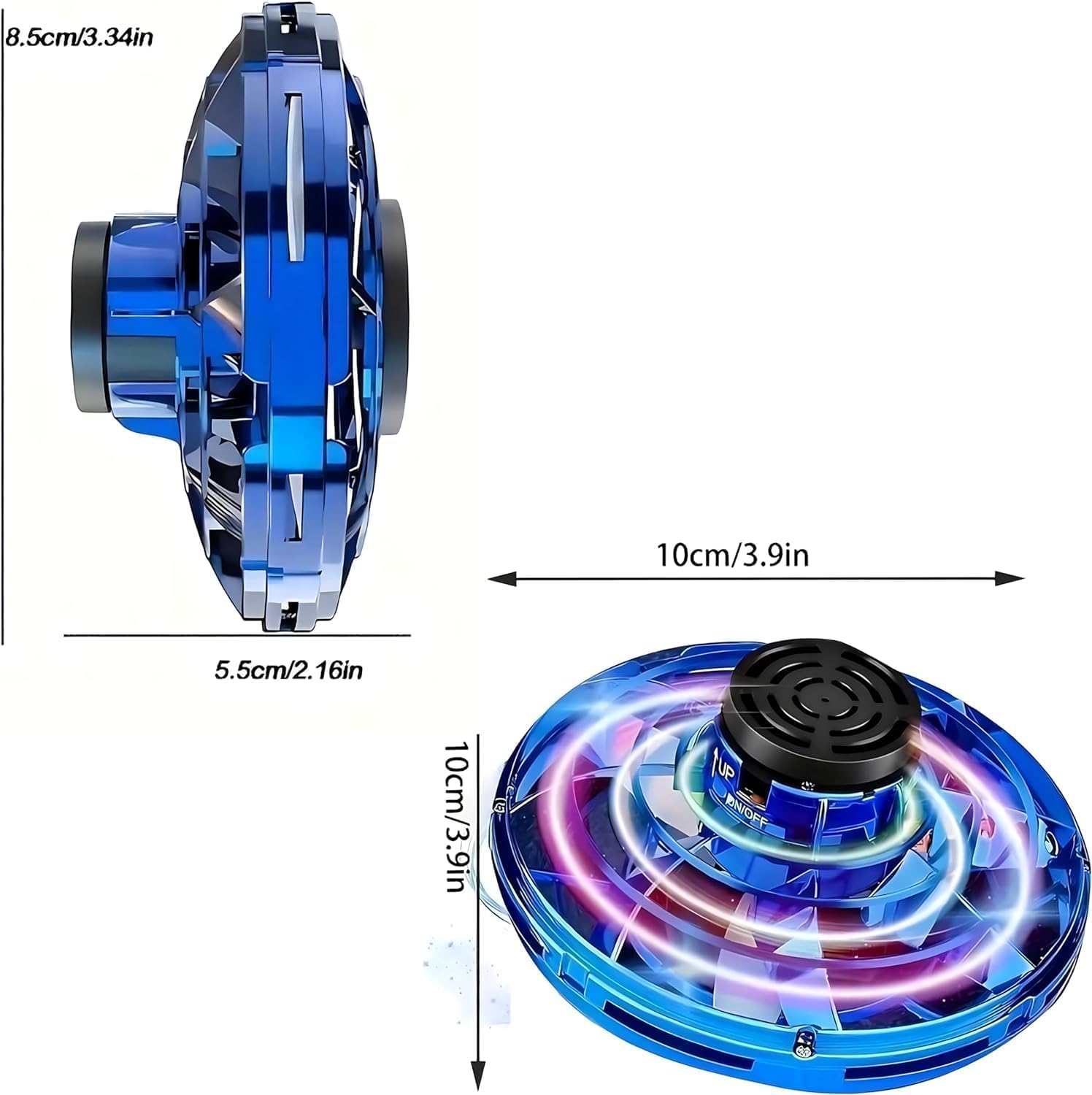 UFO Hand Controlled Mini Drone LED flying fidget spinner with 360° rotation. USB rechargeable toy for boys & girls.