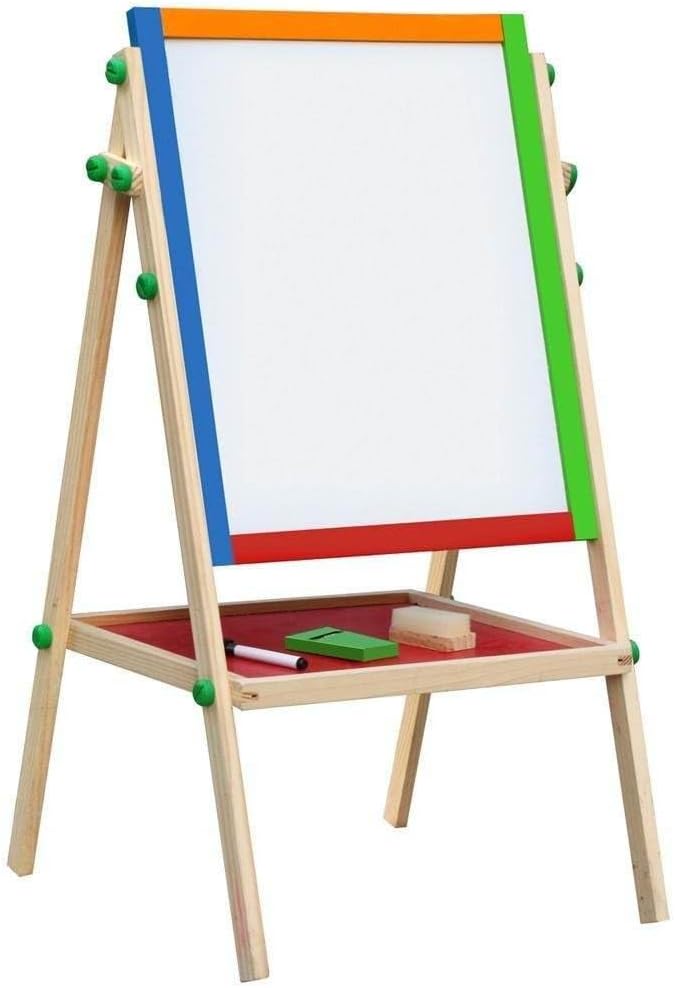 Kids Writing Board | Double-Sided Wooden Easel with Whiteboard & Chalkboard | Adjustable Learning Stand