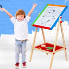 Kids Writing Board | Double-Sided Wooden Easel with Whiteboard & Chalkboard | Adjustable Learning Stand