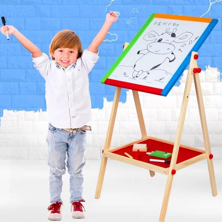 Kids Writing Board | Double-Sided Wooden Easel with Whiteboard & Chalkboard | Adjustable Learning Stand