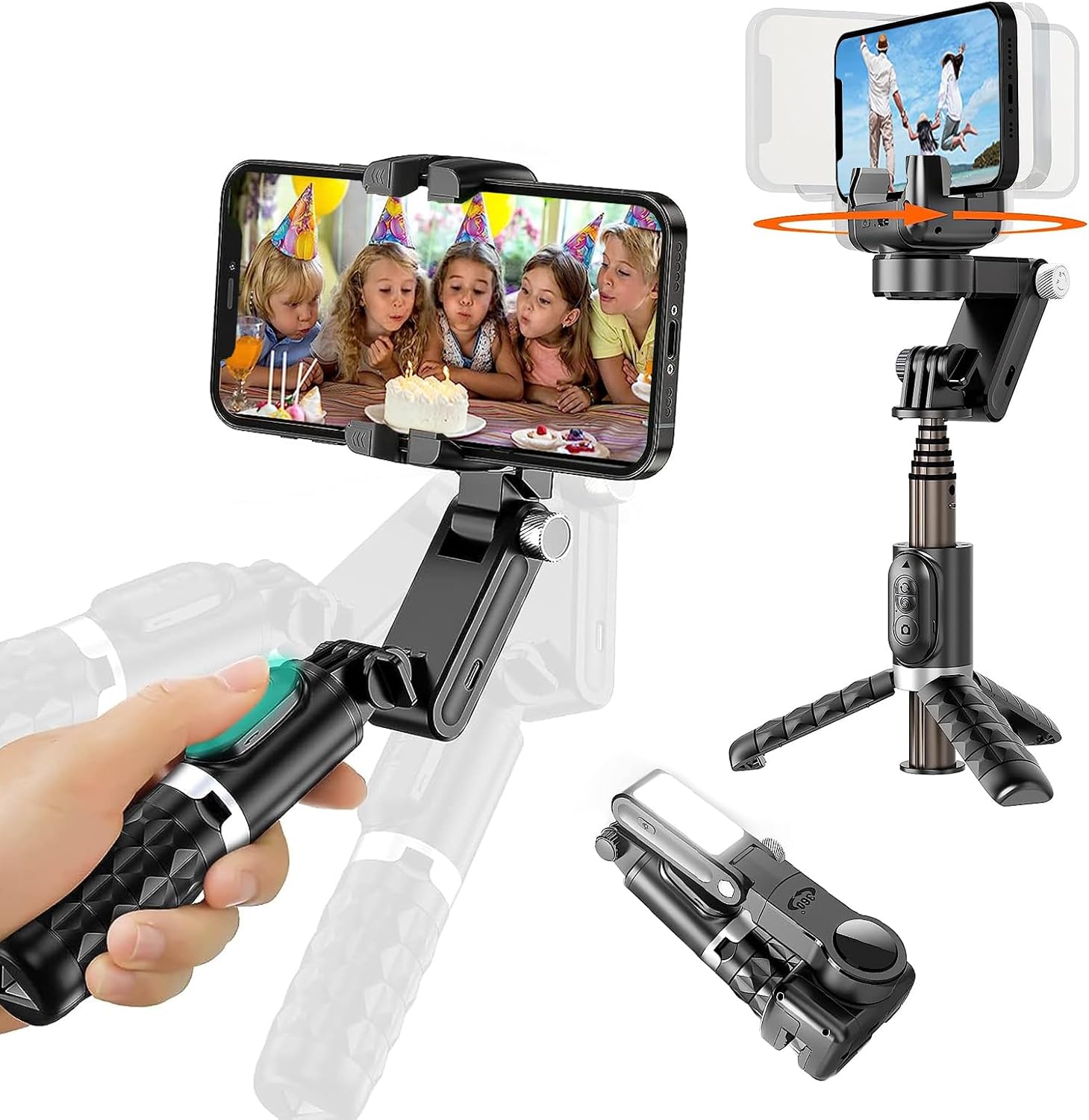 Q18 Mobile Phone Selfie Stick – Anti-Shake Gimbal Stabilizer with Built-In Fill Light, Rechargeable Battery, and Universal Smartphone Compatibility