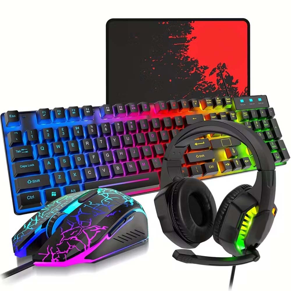 4-in-1 Gaming Combo: Wired Keyboard, Mouse, Headset & Mouse Pad. Rainbow LED backlit for PC, PS4, Xbox. Complete gaming setup.
