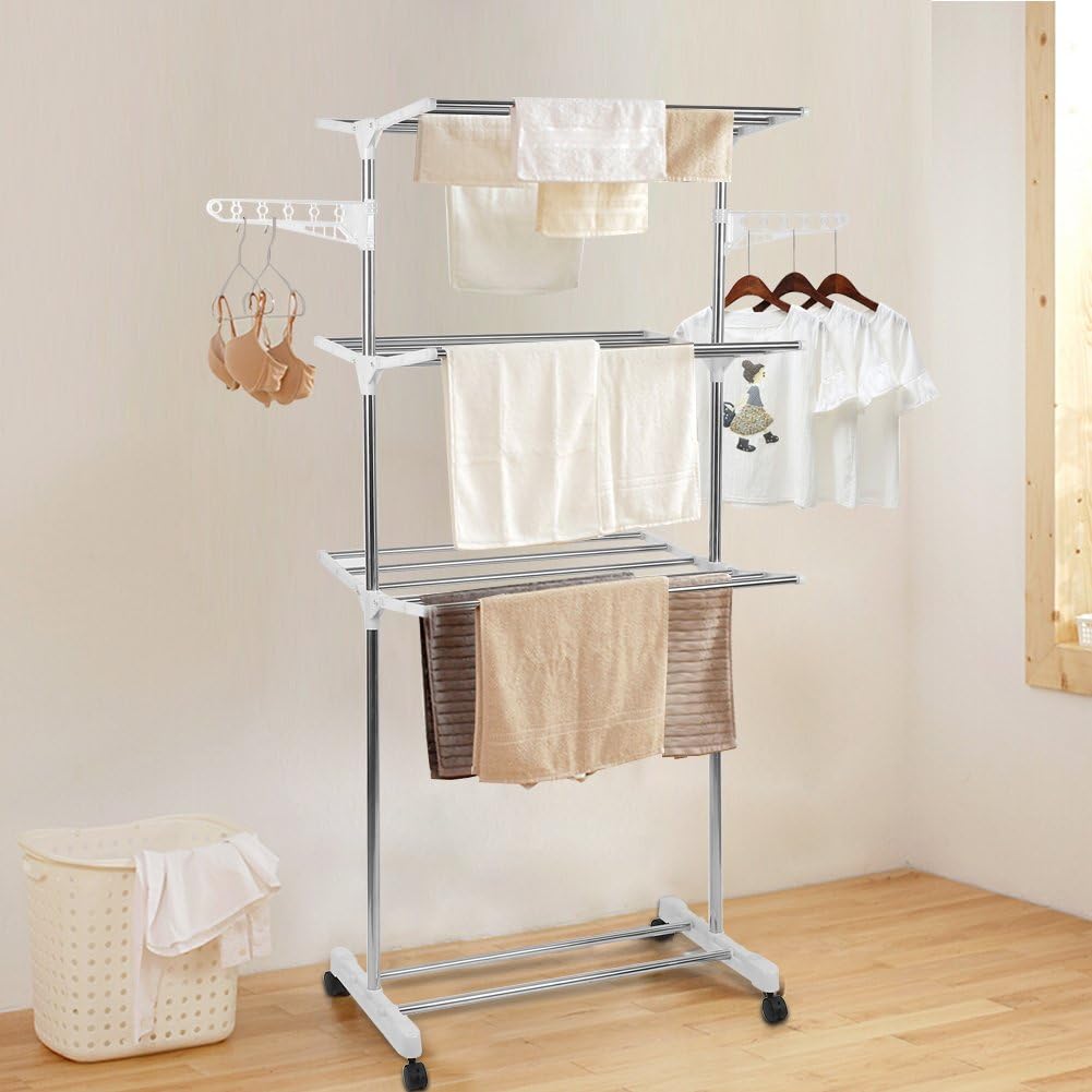 Foldable Rolling Laundry Drying Rack with Adjustable Shelves | Heavy-Duty Stainless Steel Rods | Compact Storage | Space-Saving Design for Apartments, Laundry Rooms & Small Spaces