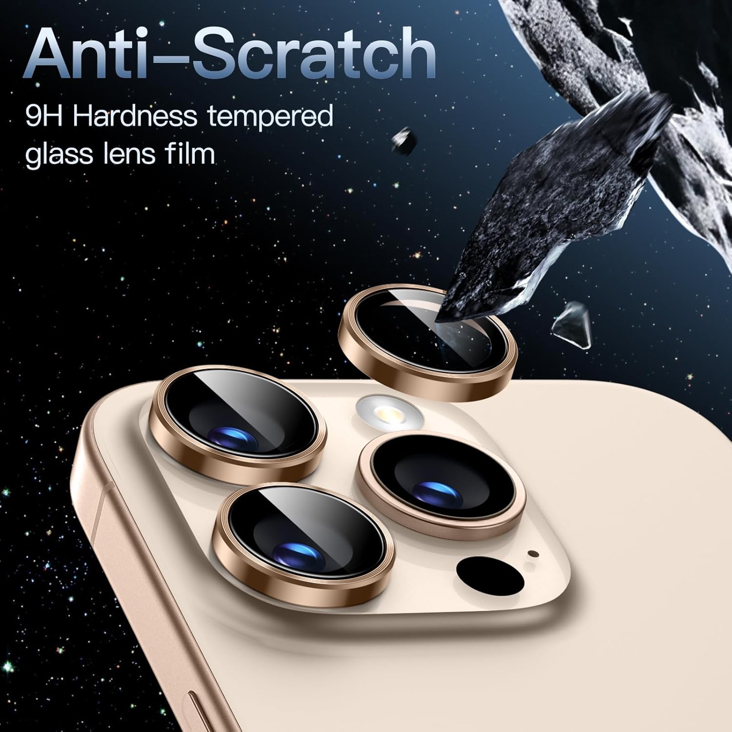 iPhone 16/17 Pro Max Camera Lens Protector 3-Pack | 9H Tempered Glass with Alloy Ring | Anti-Scratch HD Clear Cover – Desert Titanium Finish