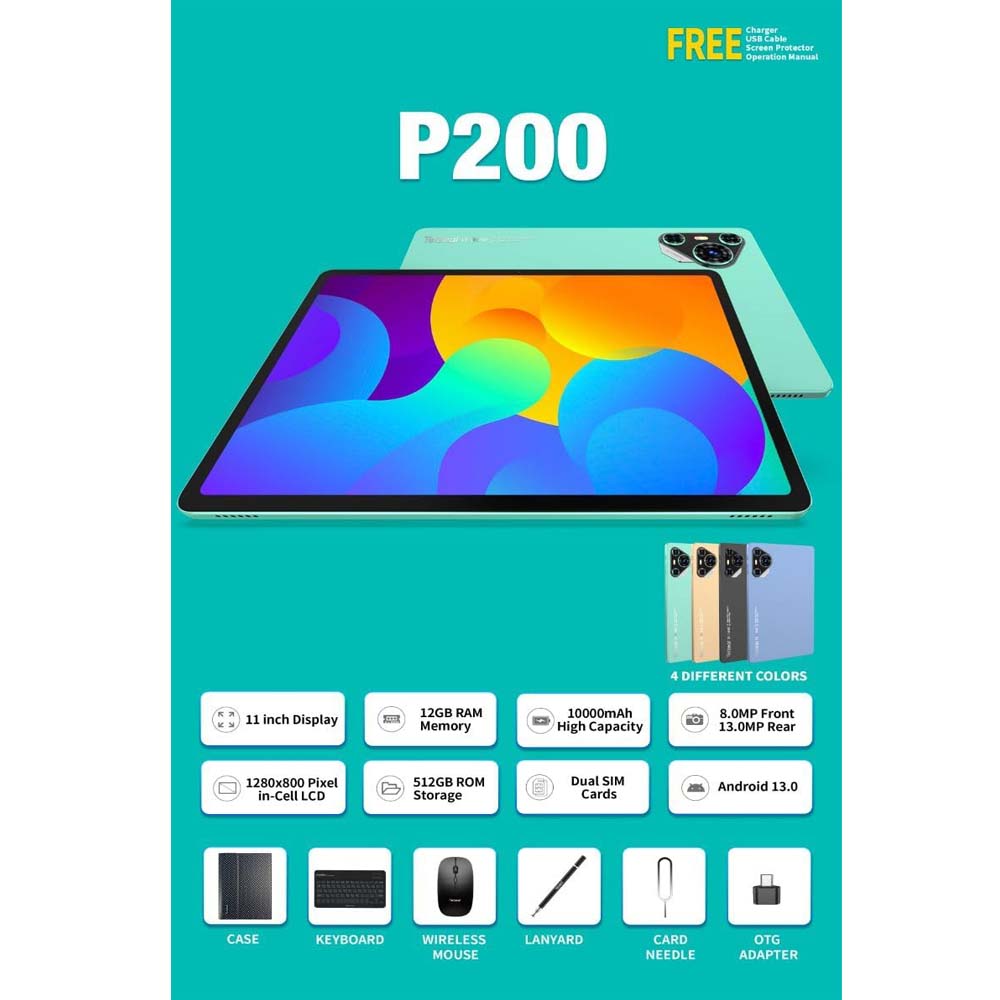 P200 11" Android 13 Tablet with 5G WiFi, Dual SIM, 8GB RAM, 512GB Storage, Keyboard, Mouse, 8000mAh Battery – Multi Colour