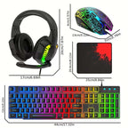 4-in-1 Gaming Combo Set: Wired Keyboard, Mouse, Headset & Mouse Pad | Rainbow LED Backlit Gaming Accessories for PC, PS4, Xbox & Complete Gamer Setup
