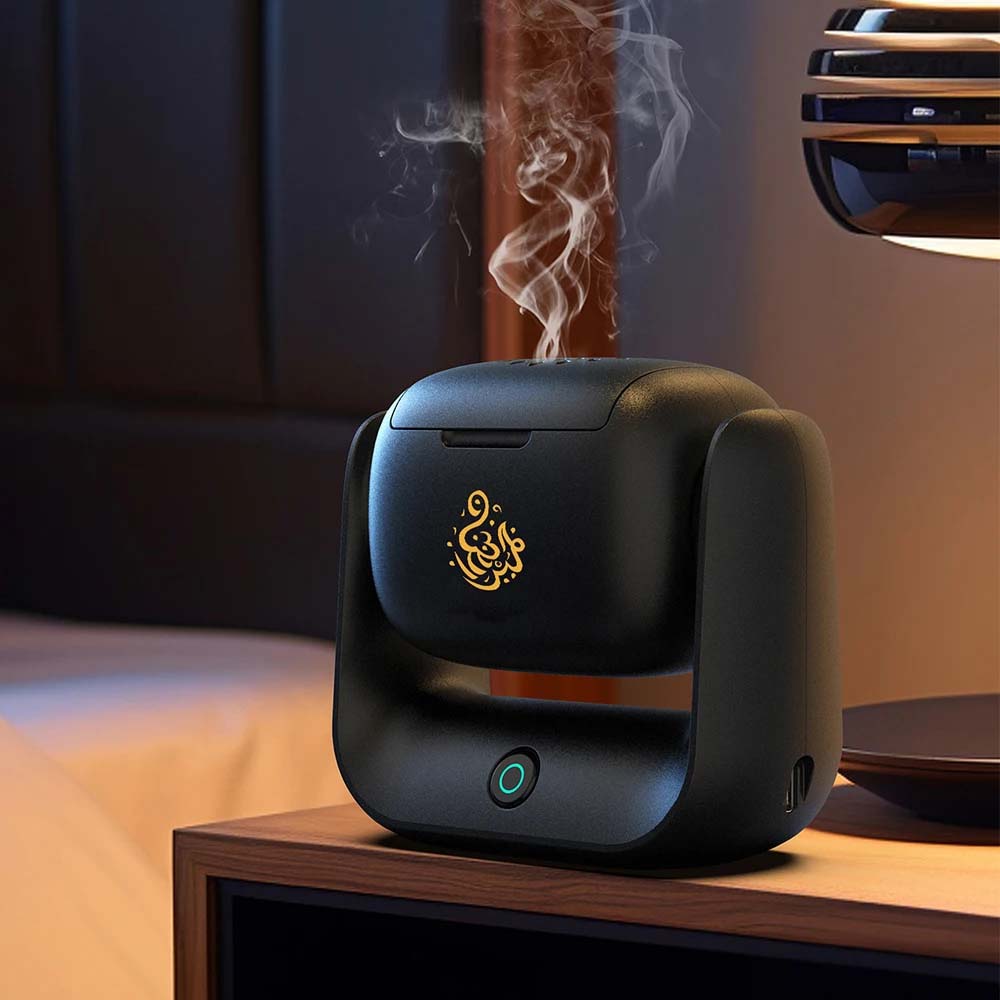 Rotational Incense Burner | 90° Rotating Electric Bakhoor Burner with 1500mAh Rechargeable Battery, Type-C Charging & LED Indicator for Home, Office & Car Use