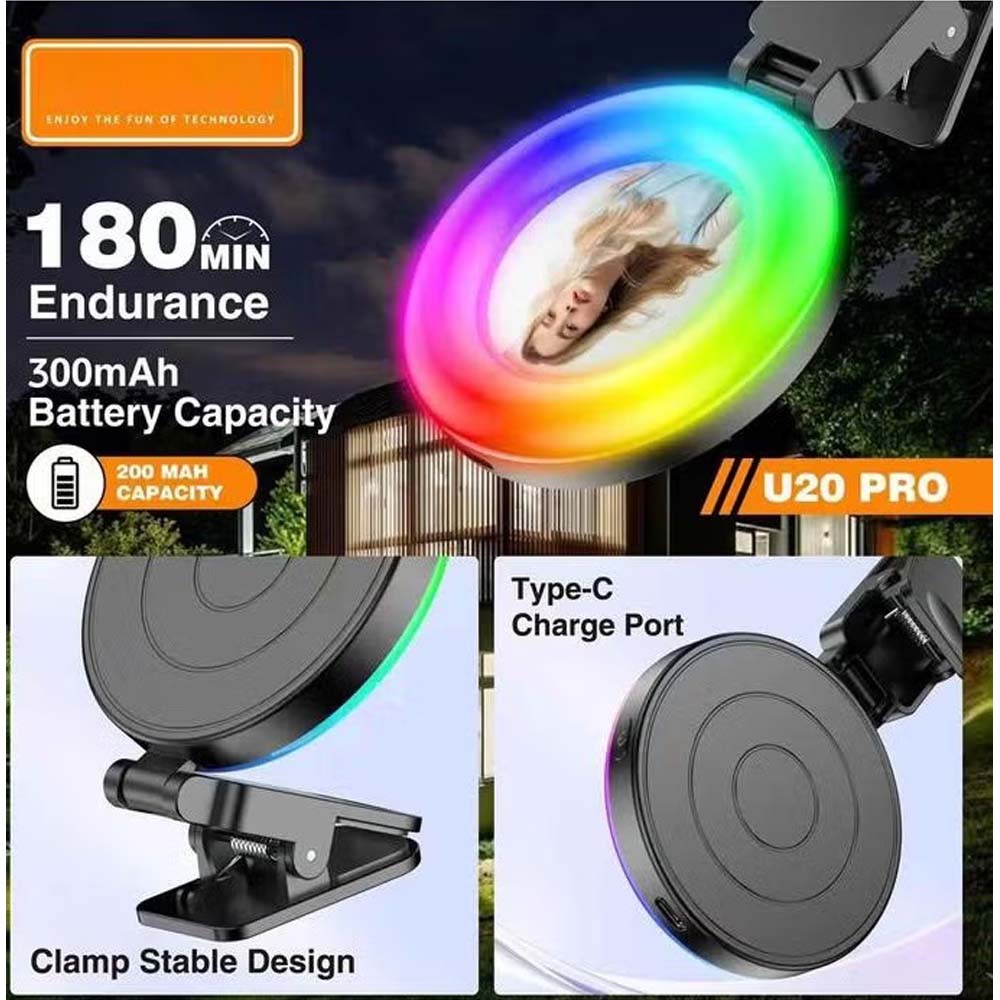 U20 PRO Ring Selfie Light – RGB Clip-On LED Fill Lamp with Adjustable Tripod, Portable Mini Lighting for Phone & Camera, Perfect for Vlogging, TikTok & Photography