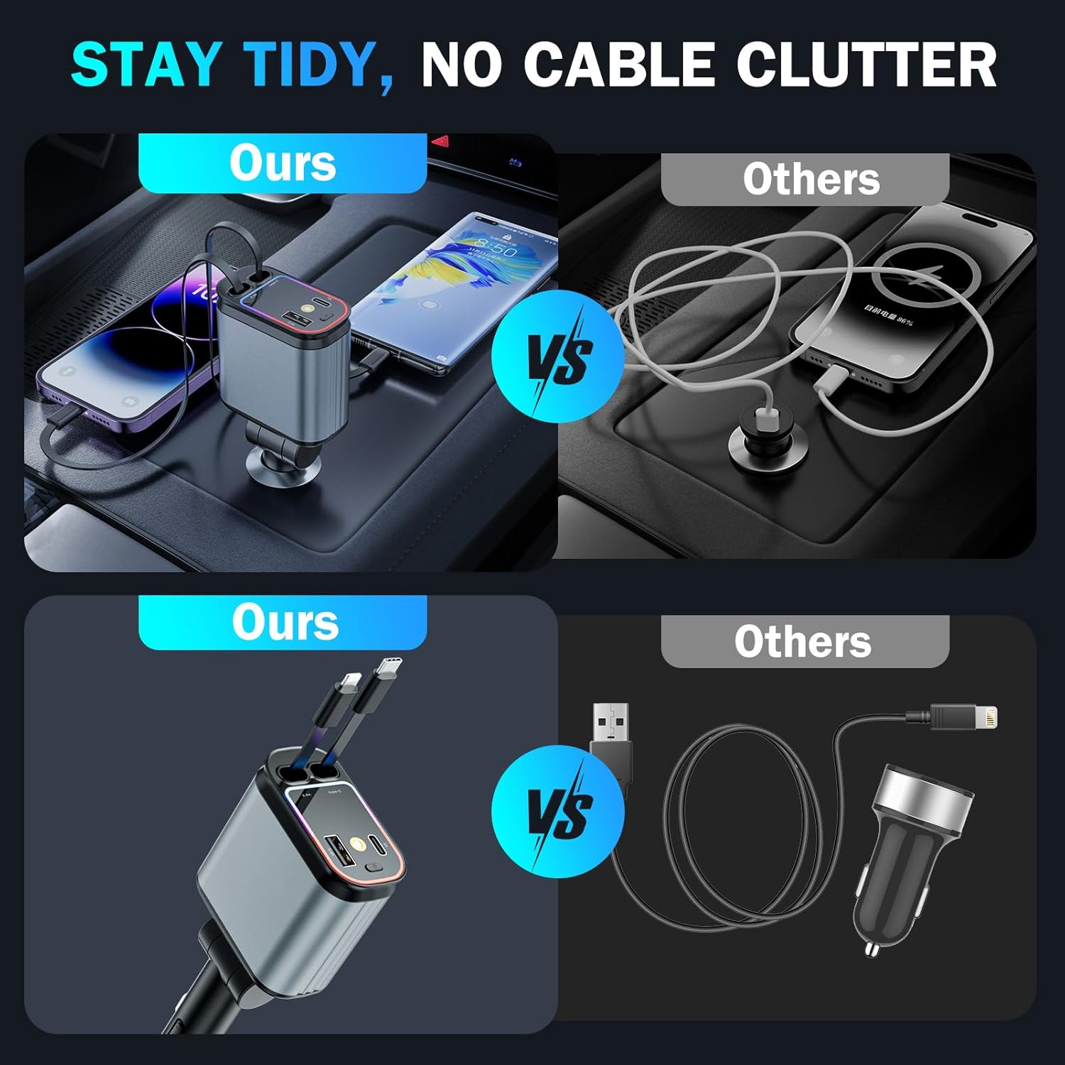 Fast 60W Car Charger with Starlight Roof, 4-in-1 Retractable USB-C Adapter, Dual USB Ports, Compatible with iPhone, Android, Tablets & More