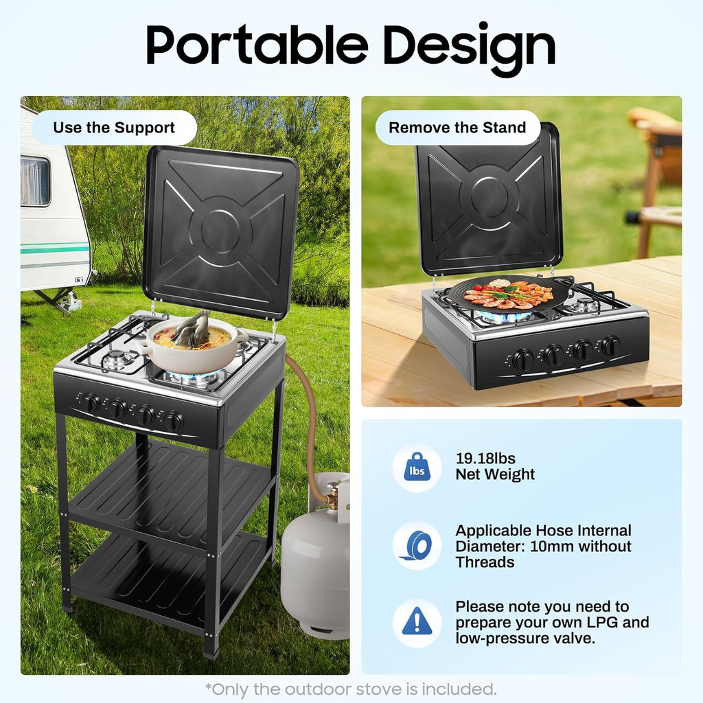 4-Burner Outdoor Gas Stove with Detachable Legs – Portable Propane Cooking Station for Camping, RVs, Backyard BBQs, Tailgating & Patio Events