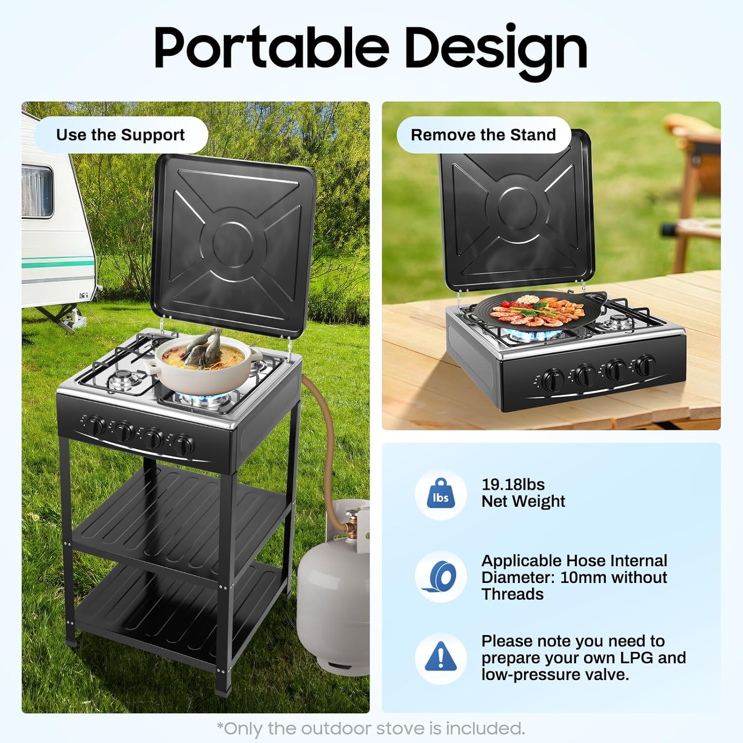 4-Burner Outdoor Gas Stove with Detachable Legs – Portable Propane Cooking Station for Camping, RVs, Backyard BBQs, Tailgating & Patio Events