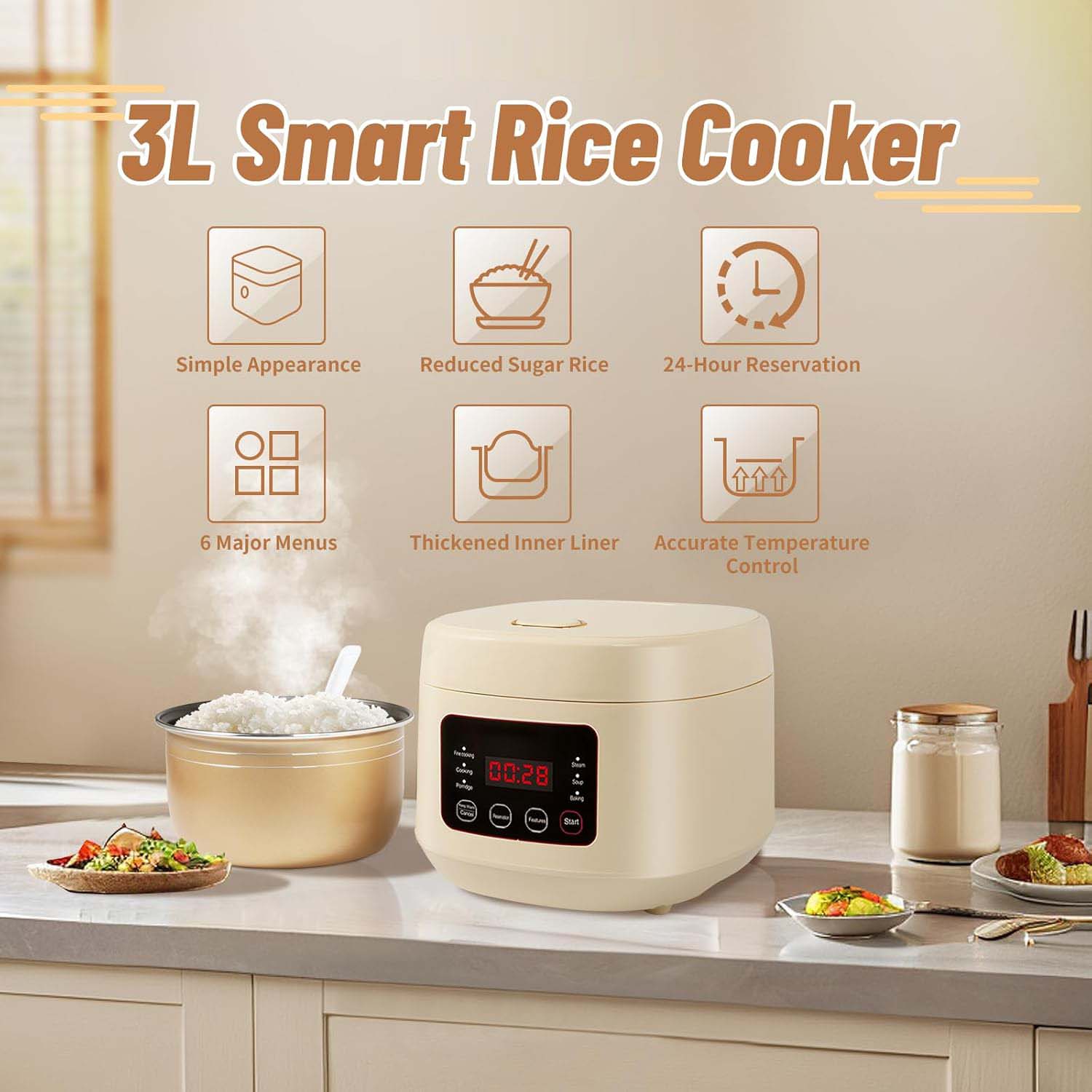 3L Smart Rice Cooker with Steamer – Multi-Functional Cooker for 3-5 People, 24H Delay Start, Includes Measuring Cup, Spoon & Steaming Tray