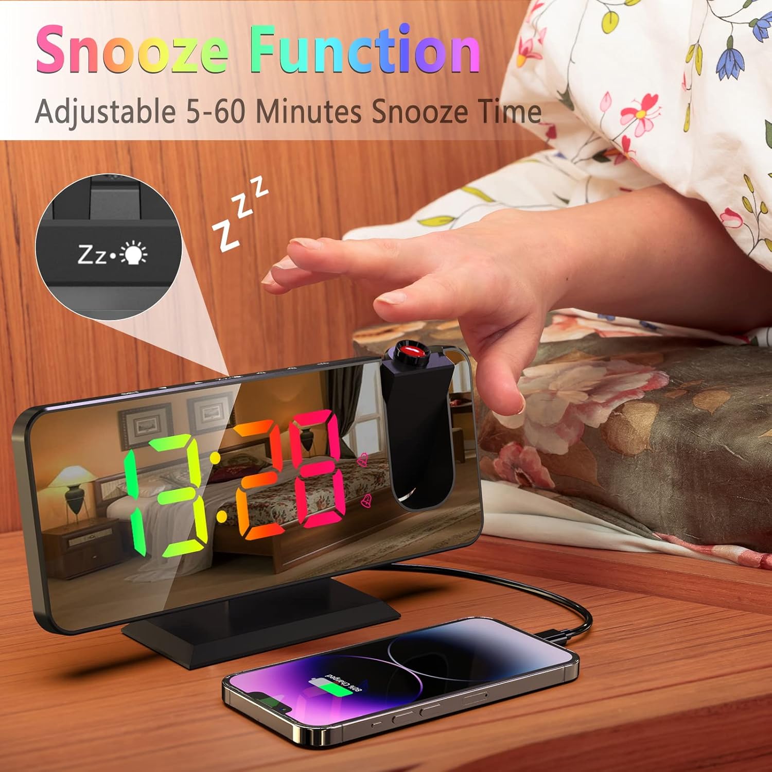 Projection Alarm Clock with 180° Rotatable Ceiling Projector, RGB LED Display, Dual Alarms, 5-Level Dimmer & Snooze Function – Sleek Black Design