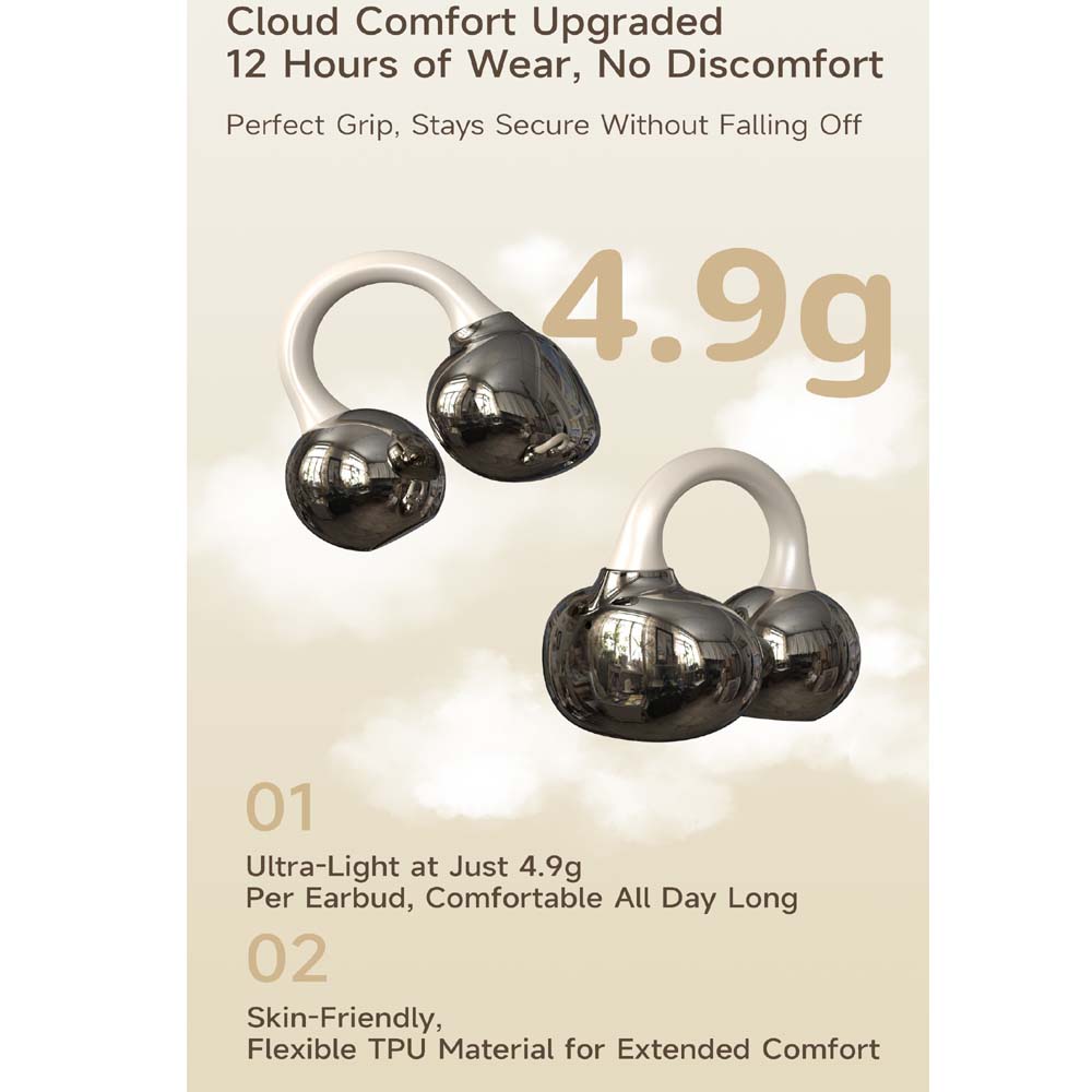U-20 Open Ear Ring Headphones | Bluetooth 5.4 Clip-On OWS Earphones | 30H Battery Life, Noise-Cancelling & Ultra-Lightweight 4.9g Design (Black)