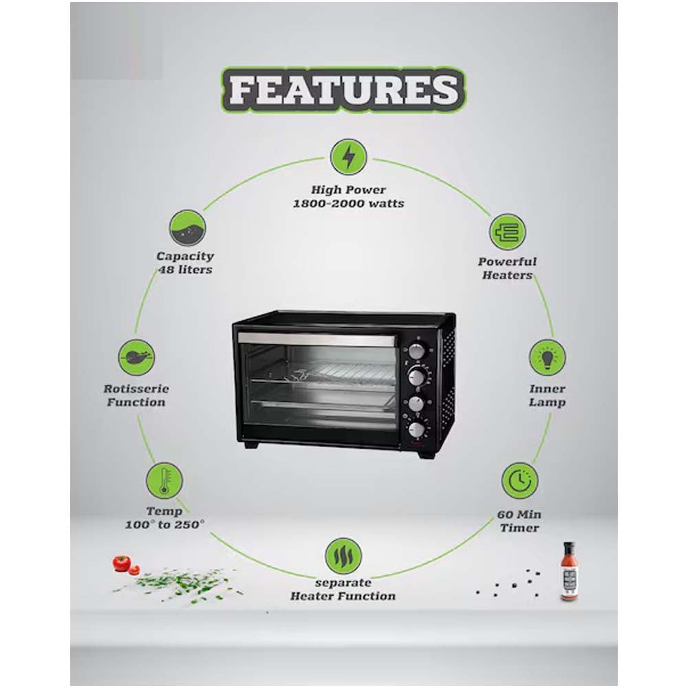OE-1419 55L Electric Countertop Oven – Rotisserie & Convection Function, Auto Shut-Off, Stainless Steel Heating for Baking, Toasting, Broiling, Family-Sized Cooking