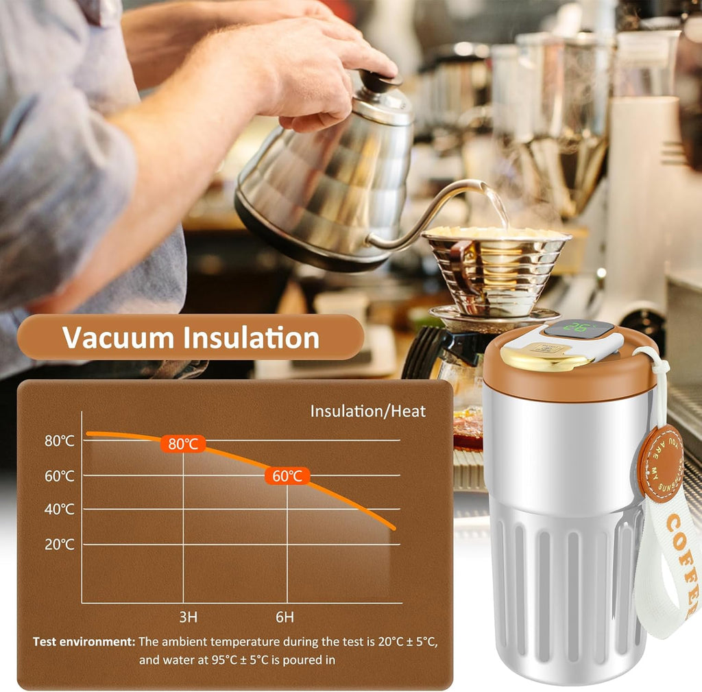 450ml Insulated Travel Coffee Mug with Temperature Display | Double-Walled Stainless Steel Thermos for Hot & Cold Drinks