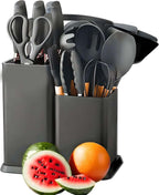 19-Piece Silicone Cooking Utensils & Knife Set | Black Kitchen Tools with Knives, Cutting Board, & Storage Block