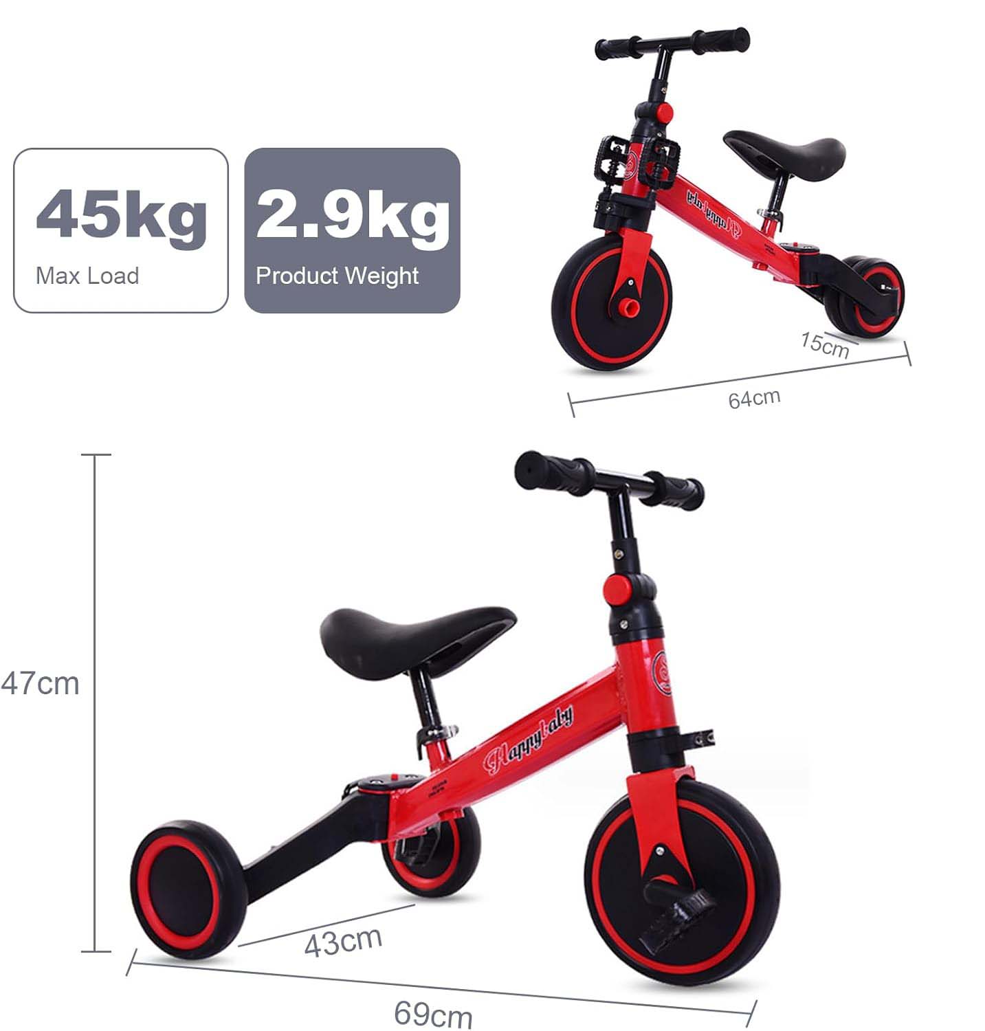 3-in-1 Kids Tricycle Toddler Bike | Adjustable Seat, Handlebar, & Removable Pedals | Red