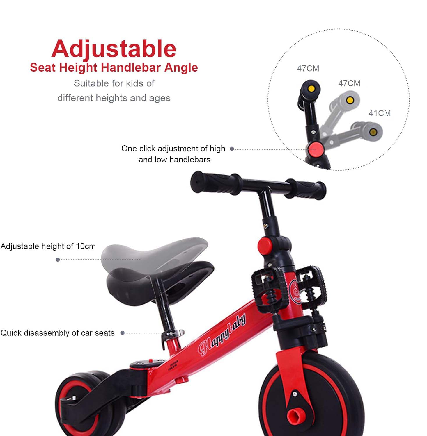3-in-1 Kids Tricycle Toddler Bike | Adjustable Seat, Handlebar, & Removable Pedals | Red