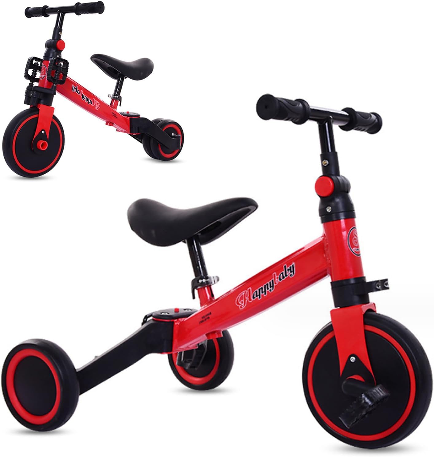 3-in-1 Kids Tricycle Toddler Bike | Adjustable Seat, Handlebar, & Removable Pedals | Red