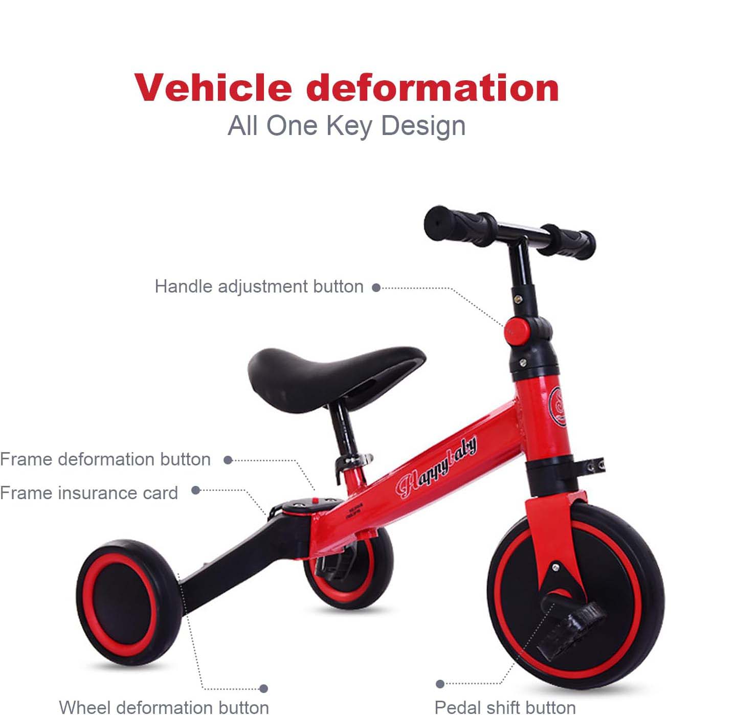 3-in-1 Kids Tricycle Toddler Bike | Adjustable Seat, Handlebar, & Removable Pedals | Red