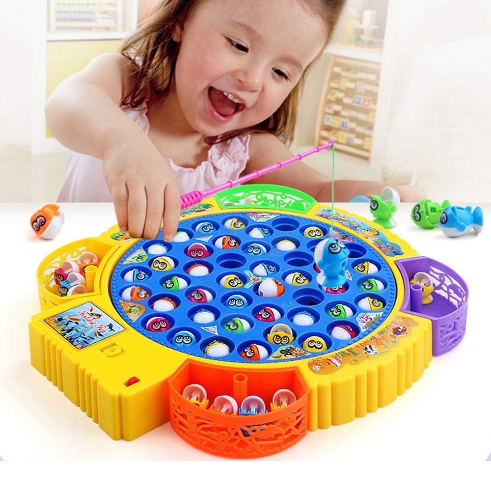 Fishing Game Electronic Musical Rotating Toy with 45 Fish & 4 Fishing Rods, Fun Learning Game, Gift for Kids of All Ages, Birthday Gift - Blue