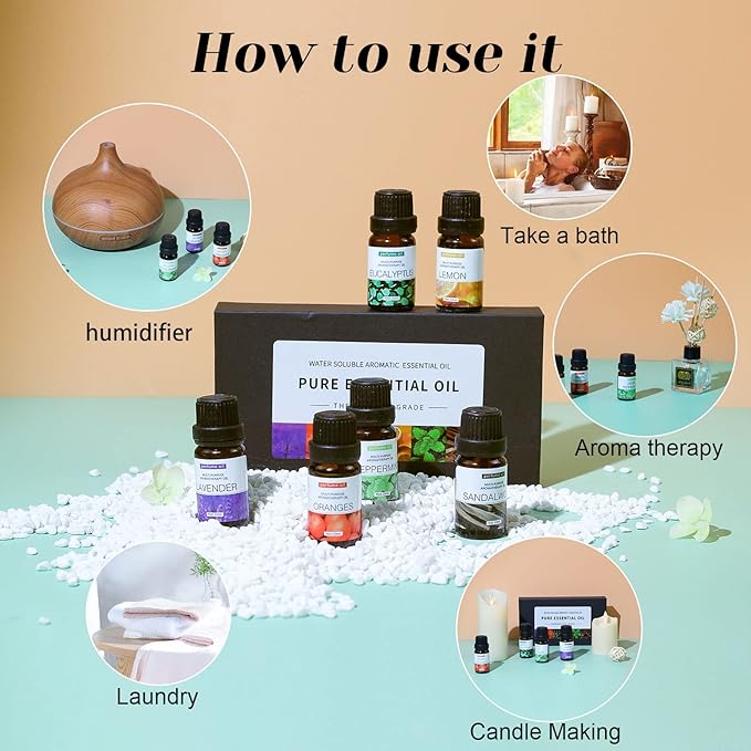 6-Pack Essential Oils Set | 10mL Water Soluble Aromatherapy Oils for Diffusers & Humidifiers | Includes Sandalwood, Sweet Orange, Lavender, Eucalyptus, Lemon & Mint