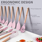 19-Piece Silicone Cooking Utensils & Knife Set | Includes Utensils, Knives, Cutting Board & Block | Stylish Pink Design