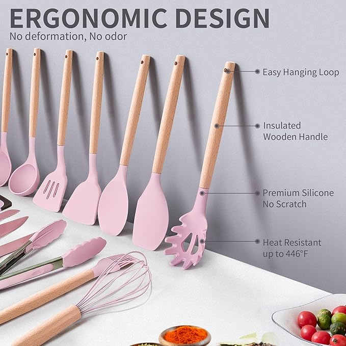 19-Piece Silicone Cooking Utensils & Knife Set | Includes Utensils, Knives, Cutting Board & Block | Stylish Pink Design