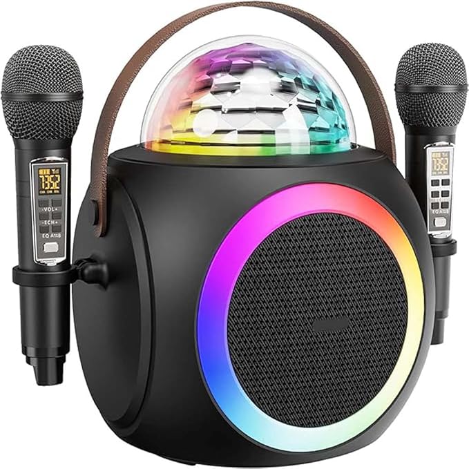 Karaoke Machine – Bluetooth Speaker, UHF Wireless Mics & Disco Ball Lights for Ultimate Party Fun